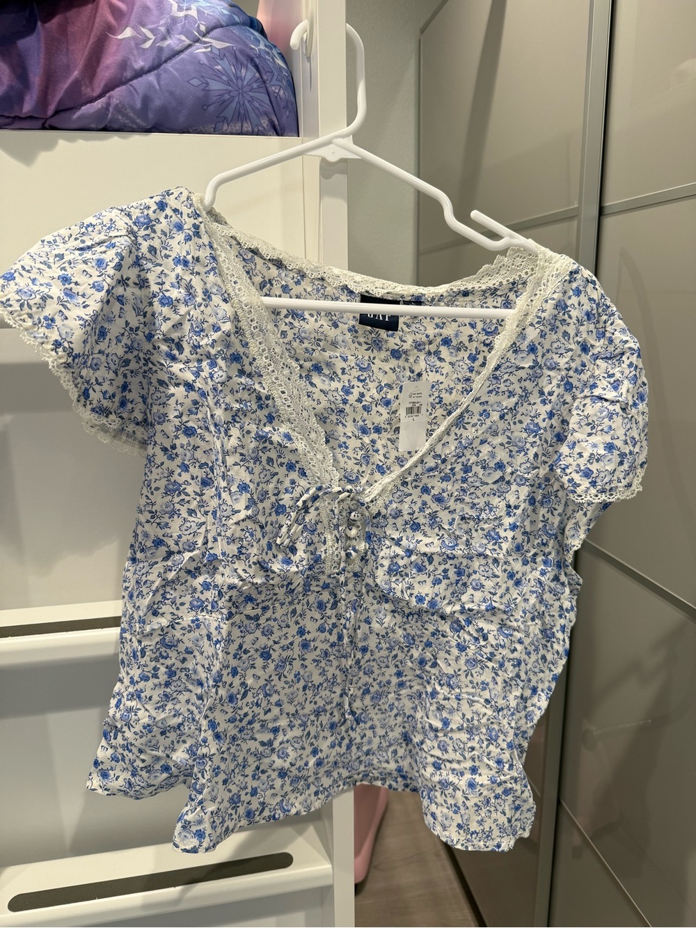 GAP White and Blue Floral Lace-Trim Top
